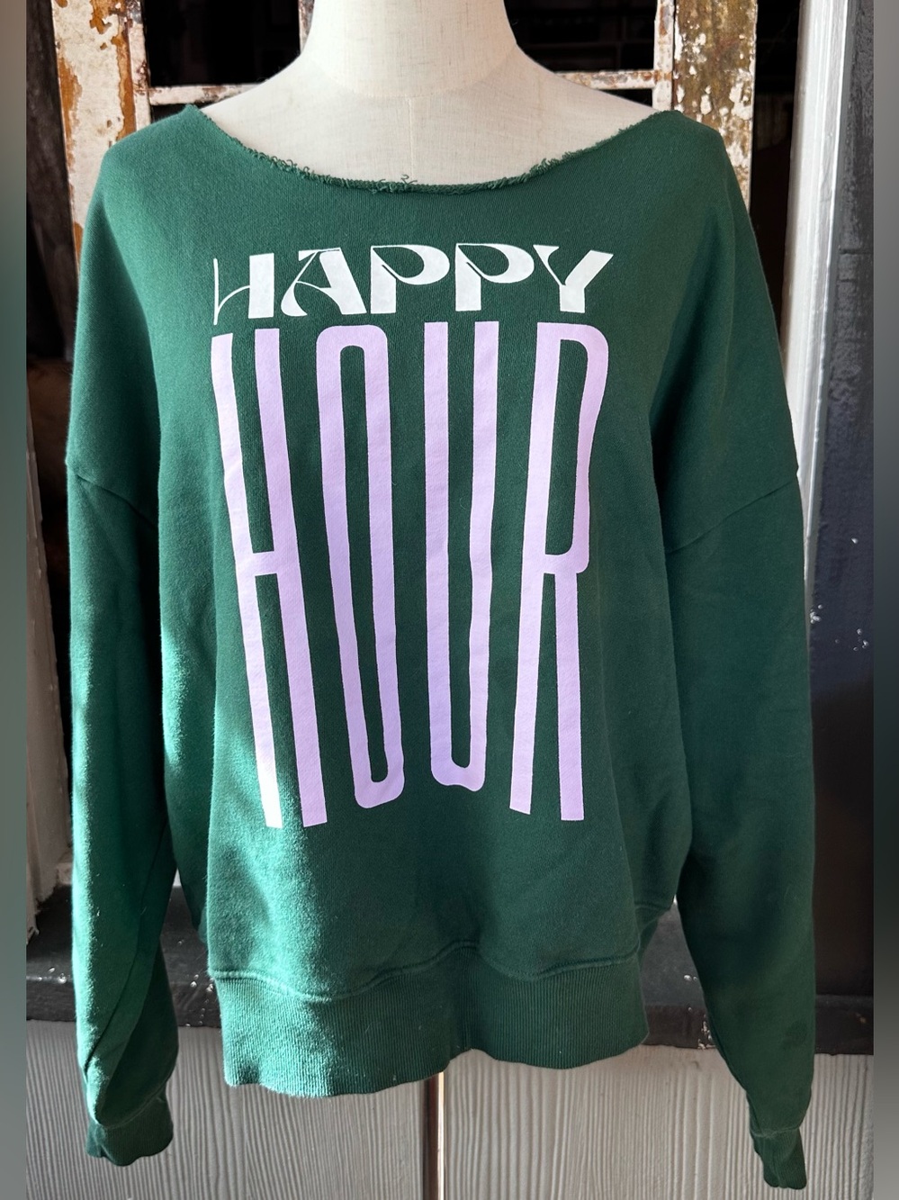 Maeve x Jordan Nickson Happy Hour Sweatshirt Anthropologie Off Shoulder Green - Picture 2 of 6